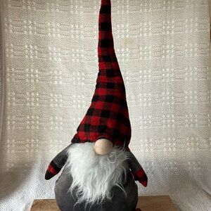Weighted Red Sitting Christmas Gnome With Buffalo Plaid Hat & Gray Body